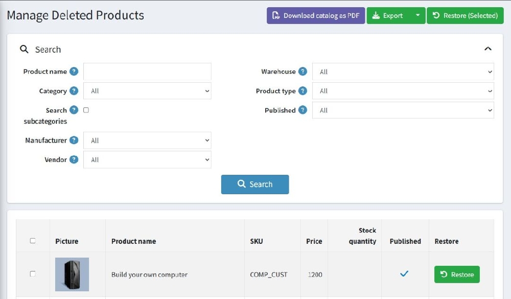 Deleted products grid with restore options page